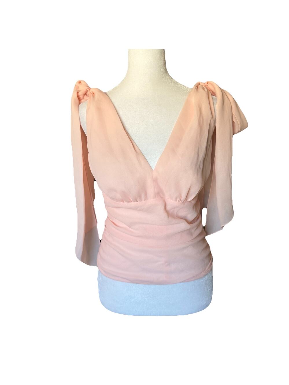 Magaschoni Womens Size 4 Blouse Light Pink Vneck Ruched Tie Shoulder Top Elegant - Picture 1 of 9